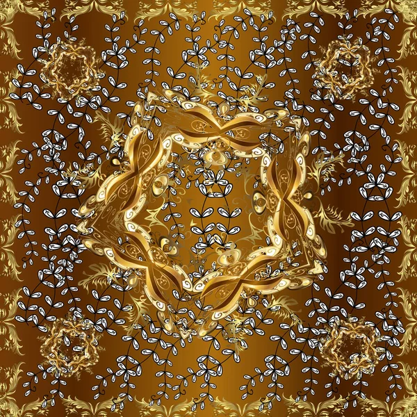 Seamless royal luxury golden baroque damask vintage. Seamless pattern with gold antique floral medieval decorative, leaves and golden pattern ornaments on black, brown and white colors.