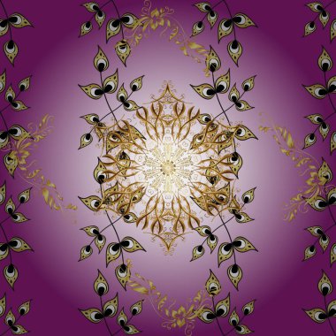Kusursuz vektör arkaplanı. Çiçek deseni. Mor, nötr ve mor renklerde altın elementler. Şık bir grafik desen. Duvar kâğıdı barok, İspanyol kumaşı.
