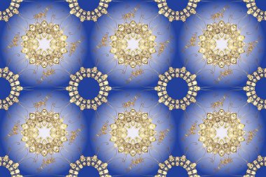 Barok tarzında duvar kağıdı tasarımı için kusursuz damaske deseni arkaplanı. Süslü dekorasyon. Kahverengi, mavi ve nötr renklerdeki altın desenler altın elementlerle.