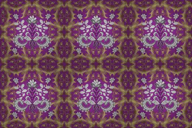 Sarı, nötr ve mor renkli, altın elementli klasik, pürüzsüz desen. resimleme.