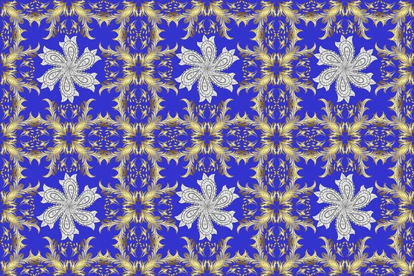 Oriental style arabesques golden pattern on a blue, yellow and neutral colors with golden elements. Golden pattern. Seamless textured curls.