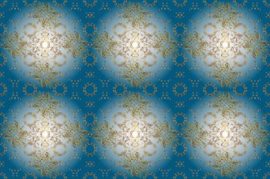 Beyaz, mavi ve nötr renklerde desen. Altın mehndi kusursuz desen. Kına dövmeli süs çiçekleri, altın çıkartmalar, mehndi ve yoga tasarımı, kartlar ve parmak izleri..