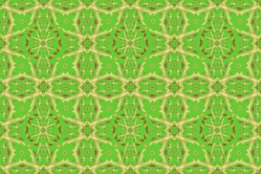 Paisleyler zarif çiçek desenli arka plan duvar kâğıdı illüstrasyonları. Klasik güzel, modern, üç boyutlu sanat eseri altın ve nötr, sarı ve yeşil desenli çiçek yaprakları ve süslemeleri var..