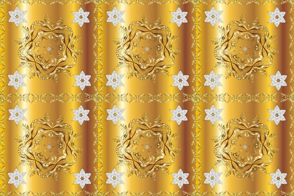 Traditional classic golden pattern. Golden pattern on brown, yellow and beige colors with golden elements. Seamless oriental ornament in the style of baroque. Oriental ornament.