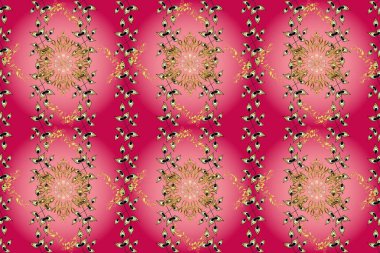 Soyut duvar kâğıdı, ambalaj dekorasyonu. Altın kar taneleri basit, pürüzsüz desen. Kış sembolü, Mutlu Noeller, Mutlu yıllar 2019. Mor, pembe ve kırmızı renklerde altın desen.