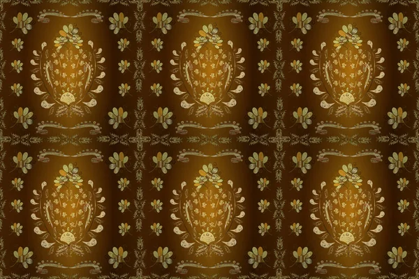 Golden pattern on a orange, brown and yellow colors with golden elements. Ornate decoration. Luxury, royal and Victorian concept. vintage baroque floral seamless pattern in gold.