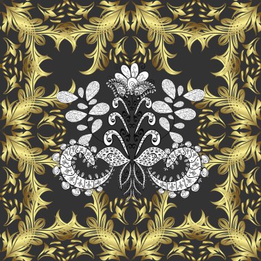 Doğu tarzı arabesk. Parlak dantel, stilize çiçekler, şal desenli. Gri, sarı ve altın elementli nötr renkler. Altın kıvrımlı kumaş. Zarif altın deseni aç.