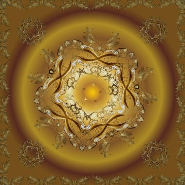 Altın desenli bukleler. Doğu tarzı arabesk. Kahverengi, bej ve sarı renklerde altın elementler. Vektör altın desen.