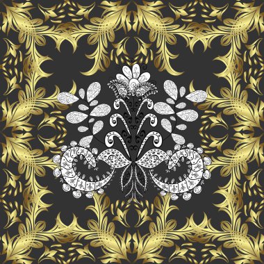 Paisleys zarif çiçek desenli arka plan duvar kâğıdı illüstrasyonuyla klasik güzel modern 3d çizgili sanat altın ve sarı, nötr ve gri desenli çiçek yaprakları ve süslemeleri.