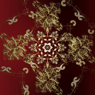 Düz elle çizilmiş klasik koleksiyon. Arkaplan, kumaş, altın duvar kağıdı. Vektör altın pürüzsüz desen. Altın desenli sarı, kırmızı ve kahverengi altın elementli.