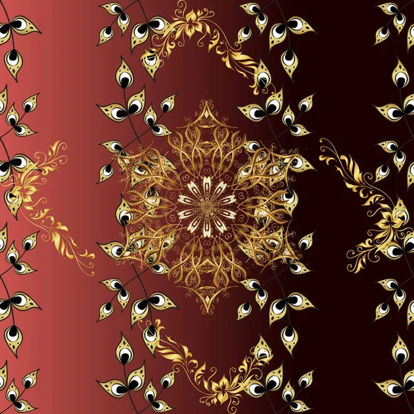 Luxury, royal and Victorian concept. Vintage baroque floral seamless pattern in gold over red, black and brown. Golden element on red, black and brown colors. Ornate vector decoration.