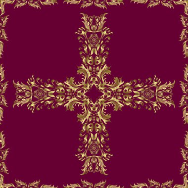 Kahverengi, nötr ve kırmızı renkte Royal retro. Altın şablon. Klasik çiçek dokusu. Kart, duvar kağıdı, ambalaj ve tekstil için klasik tasarım. Kusursuz desenli altın elementler.