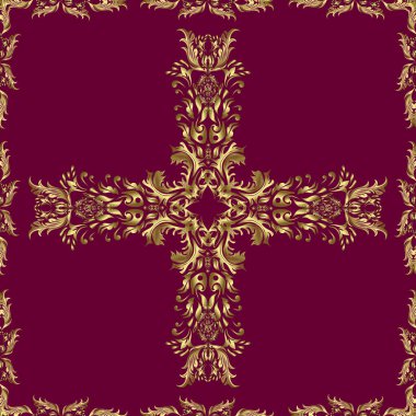 Tarafsız, kahverengi ve kırmızı renklerde altın desenli altın elementler. Vektör altın tekstil izi. Kusursuz desenli oryantal süs. İslam tasarımı. Çiçek karoları.