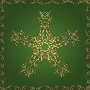 Altın çiçekli, pürüzsüz desen. Barok tarzında altın çiçekli süs. Damask arkaplanı. Sarı, yeşil ve nötr renklerdeki altın element.