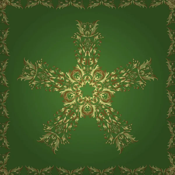 Altın çiçekli, pürüzsüz desen. Barok tarzında altın çiçekli süs. Damask arkaplanı. Sarı, yeşil ve nötr renklerdeki altın element.