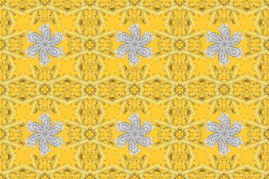 Doğu tarzında klasik tasarım öğesi. Duvar kâğıdı için altın süslü bir illüstrasyon. Çiçek süslemeli çizim deseni. Geleneksel Arap dekoru, beyaz, sarı renkler. Süslü dantel iz sürücü.