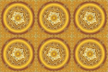 Barok tarzında altın bej, sarı ve kahverengi çiçek süsü. Bej, sarı ve kahverengi renklerde altın element. Doku arkaplanı üzerine altın duvar kağıdı. Damask deseni arka planda tekrarlanıyor.