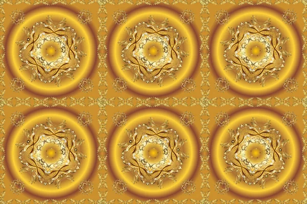 Barok tarzında altın bej, sarı ve kahverengi çiçek süsü. Bej, sarı ve kahverengi renklerde altın element. Doku arkaplanı üzerine altın duvar kağıdı. Damask deseni arka planda tekrarlanıyor.