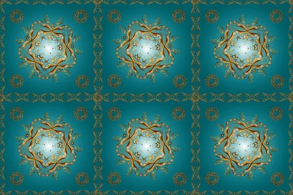Golden pattern on brown, neutral and blue colors with golden elements. Ornate raster decoration. Sketch damask pattern background for wallpaper design in the style of Baroque.