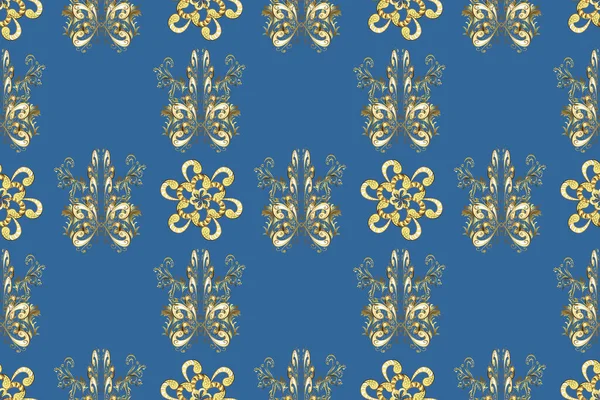 Altın rengi, kusursuz çizim. Geometrik arkaplan. Senin tasarımın için, duvar kağıdı. Sarı, mavi ve bej renklerde altın desenli altın çiçekli elementler.