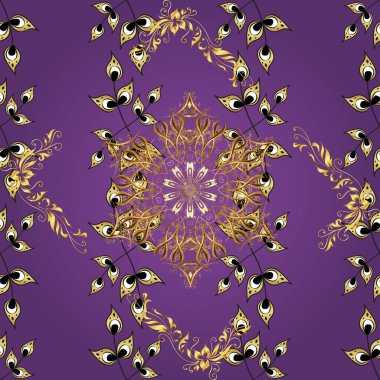 Vintage seamless pattern on a purple, violet and gray colors with golden elements. Vector illustration.