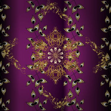 Openwork delicate golden pattern. Vector. Seamless golden texture curls. Oriental style arabesques. Brilliant lace, stylized flowers, paisley. Seamless pattern on purple colors with golden elements.