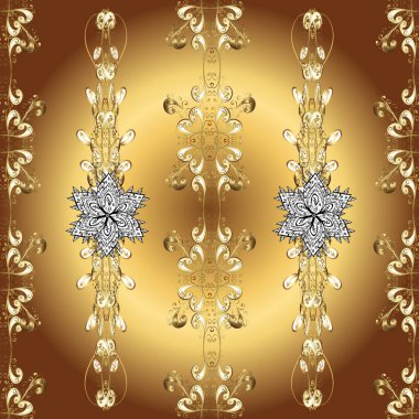 Seamless pattern on yellow, beige and brown colors with golden elements. Traditional orient ornament. Classic vintage background. Seamless classic vector golden pattern.
