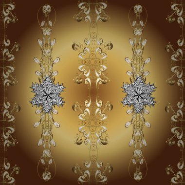 Altın elementlerle bej, sarı ve kahverengi renklerde kusursuz klasik desen. Noel, kar tanesi, yeni yıl 2019.