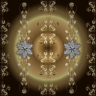 Kusursuz kraliyet lüksü, altın barok kumaş rengi. Altın antika ortaçağ dekoratifi, yaprakları ve bej, nötr ve kahverengi renkte altın desenli süslemeleri olan vektörsüz desenler..