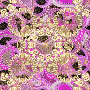 Kusursuz desenli oryantal süs. İslam tasarımı. Çiçek kiremitleri. Bej, pembe ve nötr renklerdeki altın desenli altın elementler. Vektör altın tekstil baskısı.