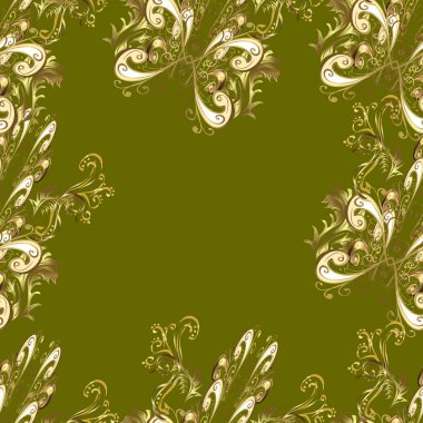 Eastern style element. Vector illustration for invitations, cards, web page. Golden element on yellow, brown and green colors. Golden outline floral decor. Line art seamless border for design template