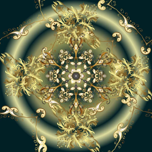 Vector Illustration Damask Gold Abstract Flower Seamless Pattern Neutral Blue —  Vetores de Stock