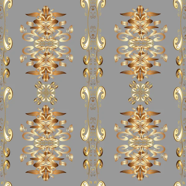 Gold floral ornament in baroque style. Damask background. Golden element on a beige, gray and brown colors. Golden floral seamless pattern.