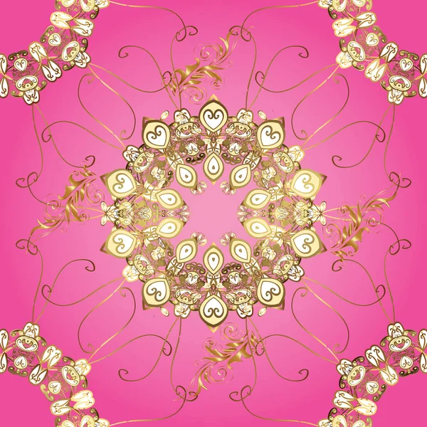 Christmas Snowflake New Year Golden Seamless Pattern Brown Pink Beige — Διανυσματικό Αρχείο