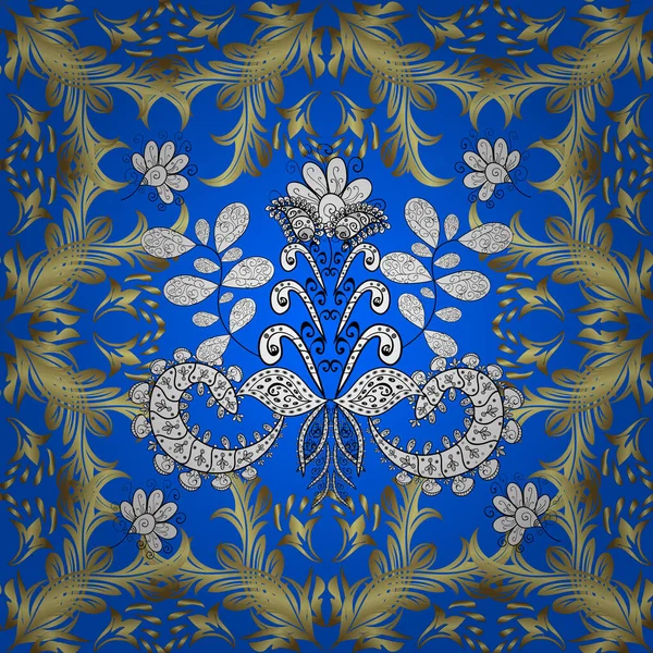 Classic Oriental Pattern Yellow Blue Neutral Colors Damask Seamless Ornament — Stockvektor
