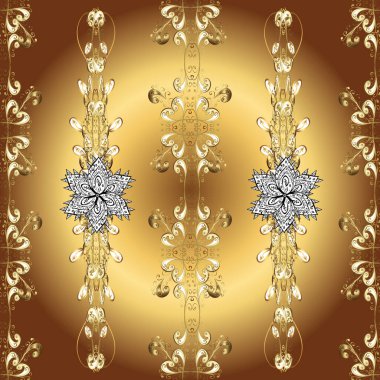 Noel altın kar tanesi kusursuz desen. Sembol bayramı, yeni yıl kutlamaları, altın desen. Kış kar dokusu duvar kağıdı. Altın kar taneleri bej, kahverengi ve sarı renklerde.