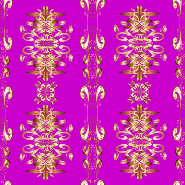 Golden pattern on magenta, brown and beige colors with golden elements. Oriental ornament. Seamless golden pattern.