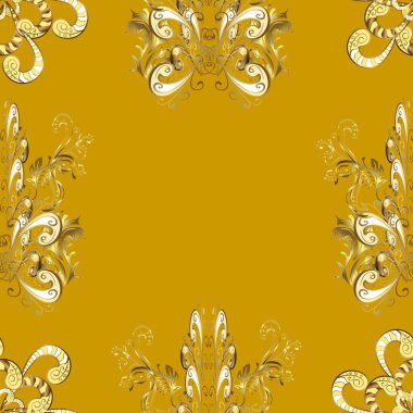 Ev dekoru. Paisley el çizimi elementler. Vektör. Fantezi çiçekli kusursuz desen, doğal çizim, çiçek desenli kıvrım çizimi. Bej, kahverengi ve sarı renkler üzerine resim.