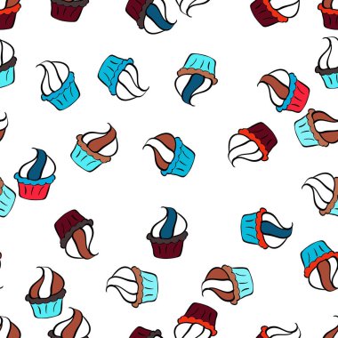 Vektör çizimi. Beyaz, siyah ve mavinin güzel bir doğum günü geçmişi var. Elle çizilmiş kusursuz tatlılar: Kekler, kek, turta, kekler.