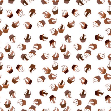 Paket kağıdı. Keklerle kusursuz desen. Beyaz, kahverengi ve bej üzerine güzel bir doğum günü geçmişi var. Vektör illüstrasyonu.