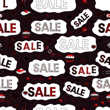 Kusursuz desen. Pankart indirimi. Vektör çizimi. Resimler beyaz, gri ve siyah renklerde.