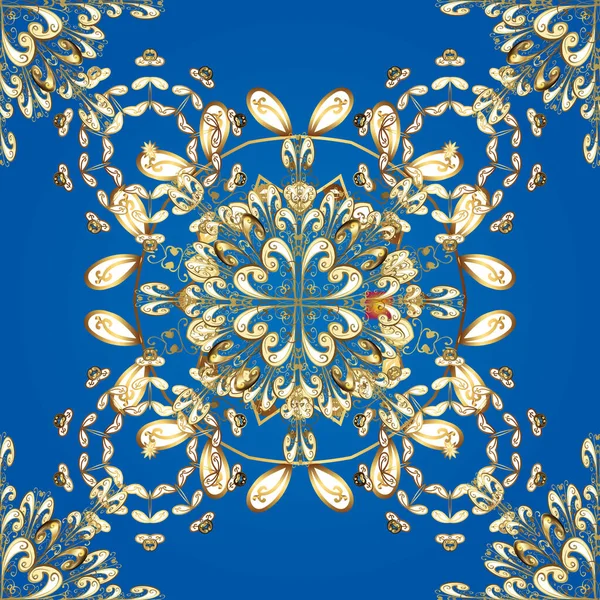 古典的なベクトル黄金のシームレスなパターン 花の装飾錦のテキスタイルパターン ガラス 金色の要素と青 白とベージュの色に花のパターンを持つ金属 — ストックベクタ