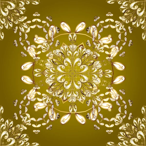Золотой Узор Желтом Бежевом Коричневом Цветах Золотыми Элементами Векторный Винтажный — стоковый вектор