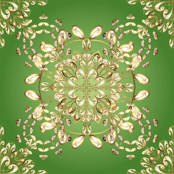 伝統的なベクトルと黄金のパターン ダマスクシームレスな飾り ベージュ 緑の上に古典的な東洋のパターン — ストックベクタ