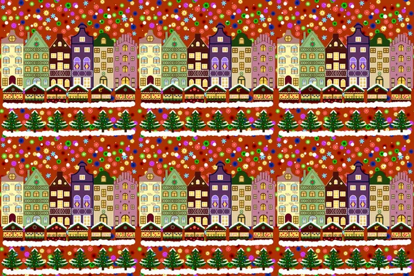 Illustration on orange, brown and white colors. Raster illustration. Raster cartoon drawing of Christmas suburban houses with making a snowman.