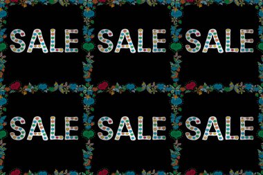 Metinli parlak soyut arkaplan. İndirim için orijinal poster. Siyah, mavi ve beyaz renkli resimler. Mektup. En iyi satış afişi. Kusursuz. Raster..