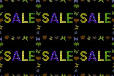 Pankart için el yapımı promosyon tasarımı. Kusursuz desen. Satılık logot tasviri, dağıtım, indirim, satış, tasfiye, kapanış. Sarı ve siyah renkli bir illüstrasyon. Raster..