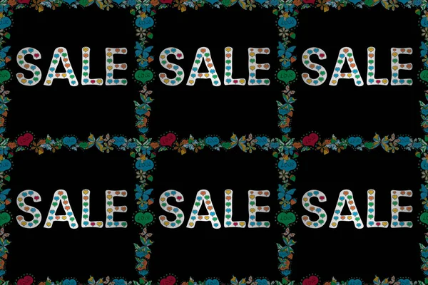 Metinli parlak soyut arkaplan. İndirim için orijinal poster. Siyah, mavi ve beyaz renkli resimler. Mektup. En iyi satış afişi. Kusursuz. Raster..