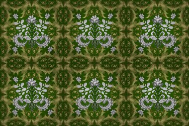 Tarafsız, yeşil ve sarı renklerde kıvrım ve kıvrım. Kusursuz. Duvar kağıtları, web sayfası geçmişi, yüzey dokuları, tekstil için mükemmel. Klasik tarzda hem de. Raster illüstrasyonu.