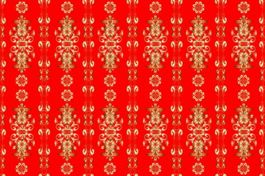 Duvar kâğıdı barok, İspanyol kumaşı. Bej, kırmızı ve kahverengi renklerde altın elementler. Çiçek deseni. Şık bir grafik desen. Kusursuz arkaplan.